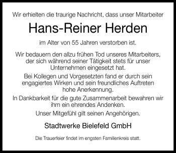 Traueranzeige von Hans-Reiner Herden von Neue Westfälische