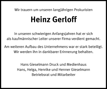 Traueranzeige von Heinz Gerloff von Neue Westfälische