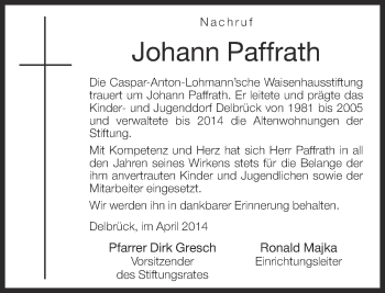 Traueranzeige von Johann Paffrath von Neue Westfälische