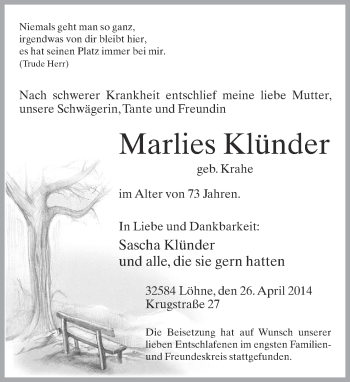 Traueranzeige von Marlies Klünder von Neue Westfälische