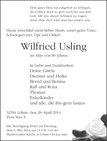 Traueranzeige von Wilfried Usling von Neue Westfälische