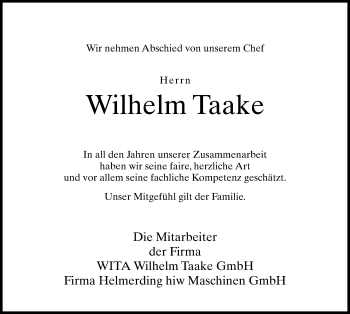 Traueranzeige von Wilhelm Taake von Neue Westfälische