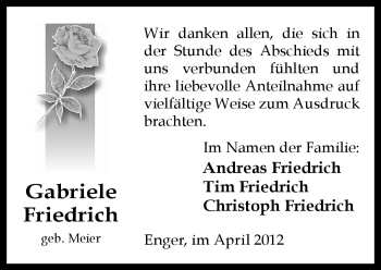 Traueranzeige von Gabriele Friedrich von Neue Westfälische