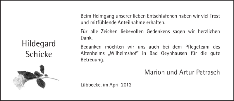  Traueranzeige für Hildegard Schicke vom 20.04.2012 aus Neue Westfälische