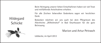 Traueranzeige von Hildegard Schicke von Neue Westfälische