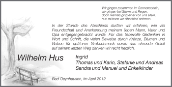Traueranzeige von Wilhelm Hus von Neue Westfälische