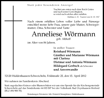 Traueranzeige von Anneliese Wörmann von Neue Westfälische