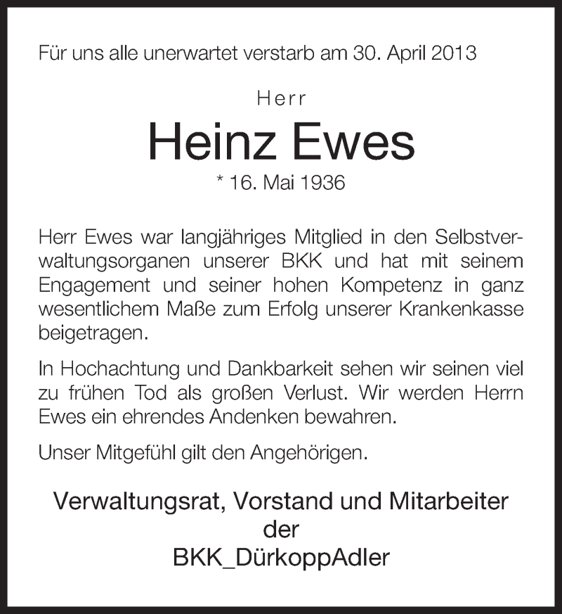  Traueranzeige für Heinz Ewes vom 04.05.2013 aus Neue Westfälische