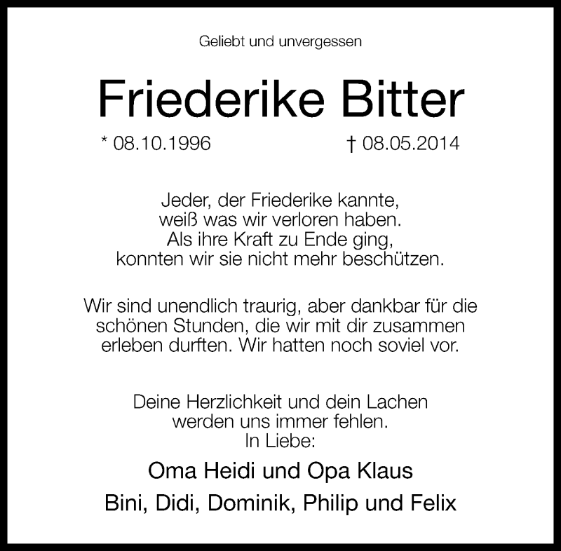  Traueranzeige für Friederike Bitter vom 12.05.2014 aus Neue Westfälische