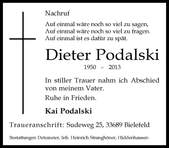 Traueranzeige von Dieter Podalski von Neue Westfälische