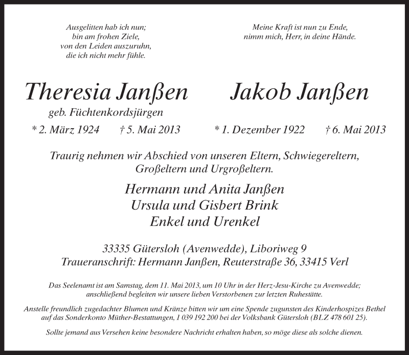  Traueranzeige für Theresia und Jakob Janßen vom 08.05.2013 aus Neue Westfälische