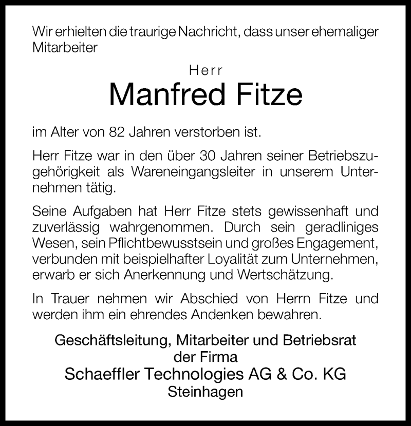  Traueranzeige für Manfred Fitze vom 08.05.2013 aus Neue Westfälische