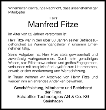 Traueranzeige von Manfred Fitze von Neue Westfälische