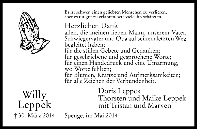  Traueranzeige für Willy Leppek vom 17.05.2014 aus Neue Westfälische