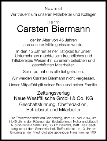 Traueranzeige von Carsten Biermann von Neue Westfälische