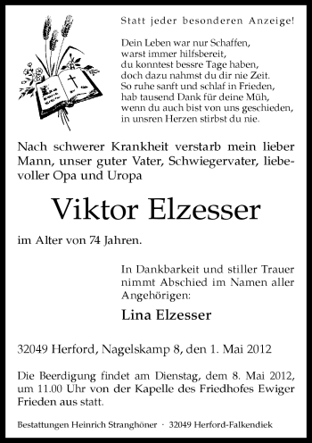 Traueranzeige von Viktor Elzesser von Neue Westfälische