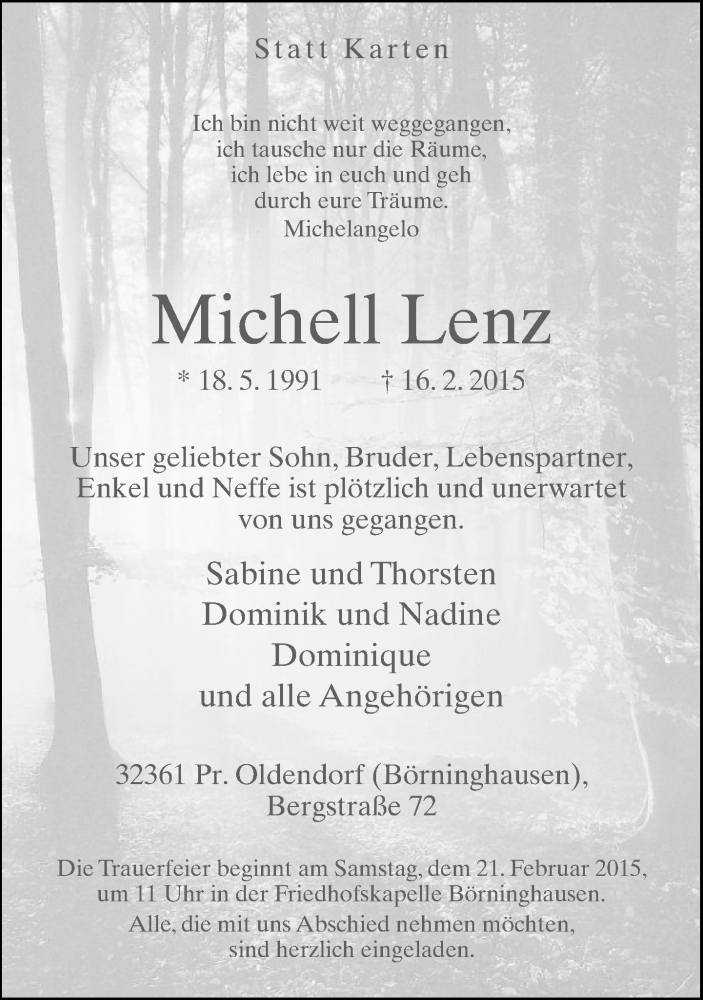  Traueranzeige für Michell Lenz vom 18.02.2015 aus Neue Westfälische