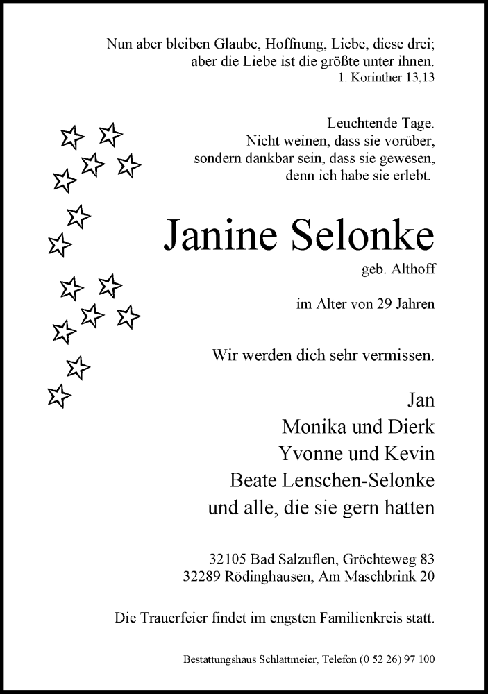 Traueranzeige für Janine Selonke vom 18.05.2013 aus Neue Westfälische