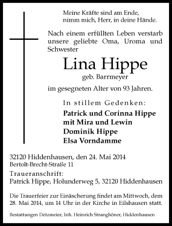 Traueranzeige von Lina Hippe von Neue Westfälische
