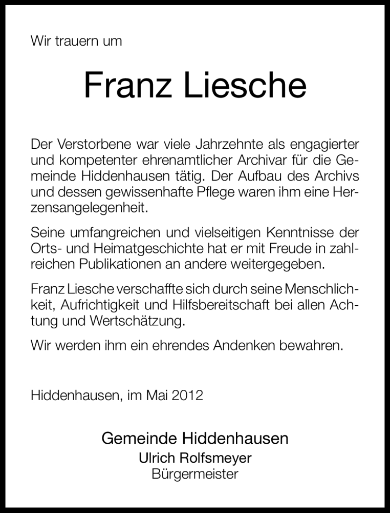  Traueranzeige für Franz Liesche vom 11.05.2012 aus Neue Westfälische