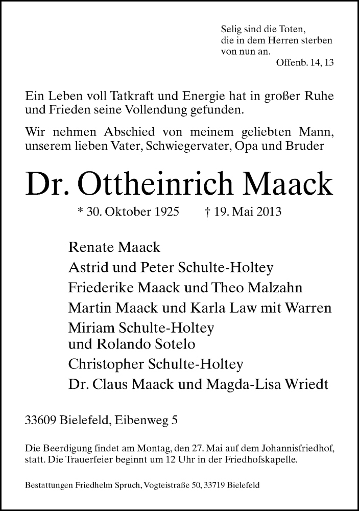  Traueranzeige für Ottheinrich Maack vom 25.05.2013 aus Neue Westfälische
