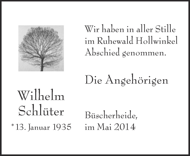  Traueranzeige für Wilhelm Schlüter vom 31.05.2014 aus Neue Westfälische