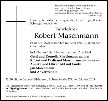 Traueranzeige von Robert  Maschmann von Neue Westfälische