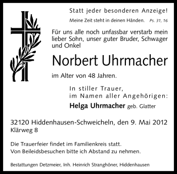 Traueranzeige von Norbert Uhrmacher von Neue Westfälische