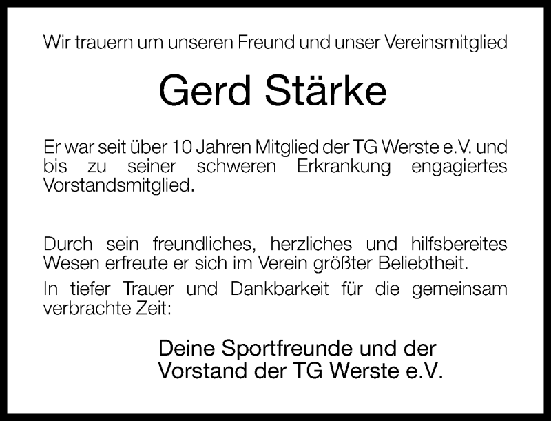  Traueranzeige für Gerd Stärke vom 29.05.2013 aus Neue Westfälische