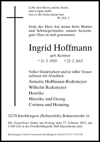 Traueranzeige von Ingrid Hoffmann von Neue Westfälische