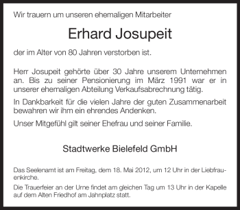Traueranzeige von Erhard Josupeit von Neue Westfälische