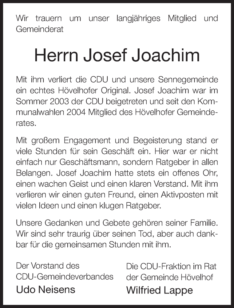  Traueranzeige für Josef Joachim vom 29.05.2013 aus Neue Westfälische