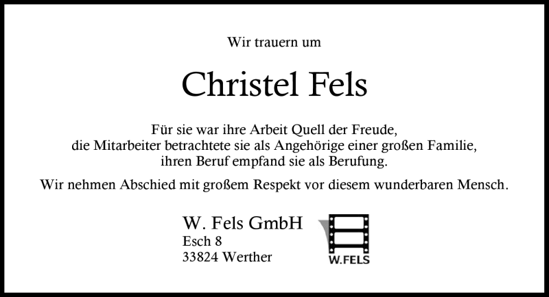  Traueranzeige für Christel Fels vom 12.05.2012 aus Neue Westfälische