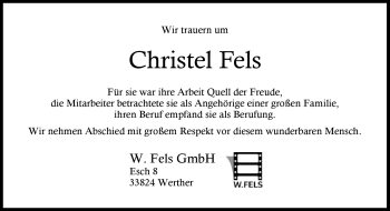 Traueranzeige von Christel Fels von Neue Westfälische