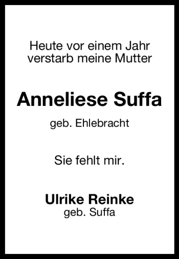 Traueranzeige von Anneliese Suffa von Neue Westfälische
