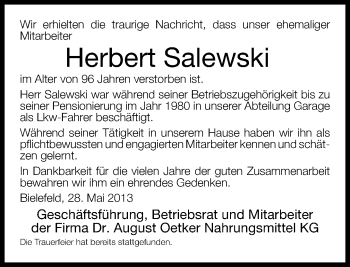 Traueranzeige von Herbert Salewski von Neue Westfälische