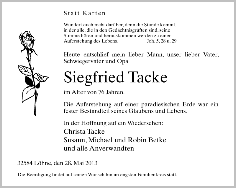  Traueranzeige für Siegfried Tacke vom 29.05.2013 aus Neue Westfälische