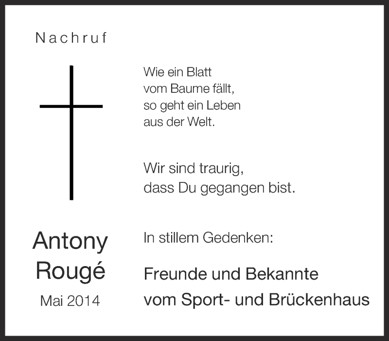  Traueranzeige für Antony Rouge vom 11.06.2014 aus Neue Westfälische