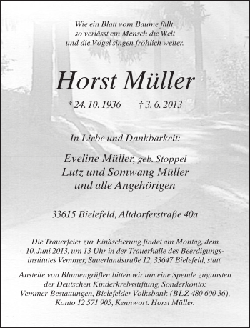 Traueranzeige von Horst Müller von Neue Westfälische