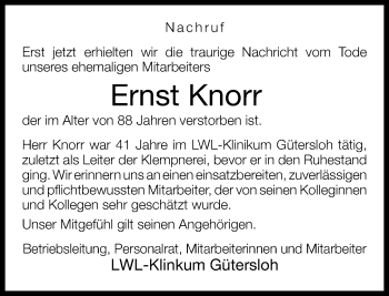 Traueranzeige von Ernst Knorr von Neue Westfälische