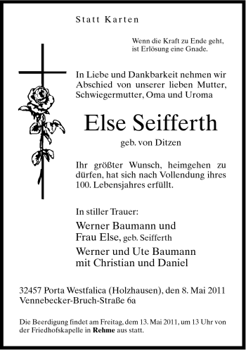 Traueranzeige von Else Seifferth von Neue Westfälische