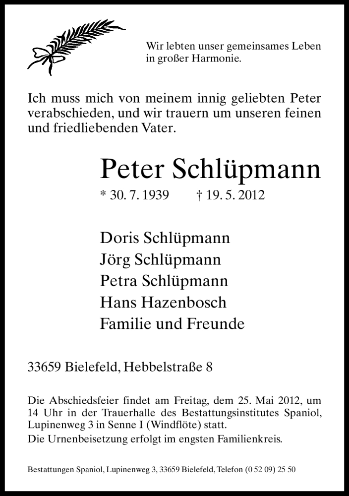  Traueranzeige für Peter Schlüpmann vom 22.05.2012 aus Neue Westfälische