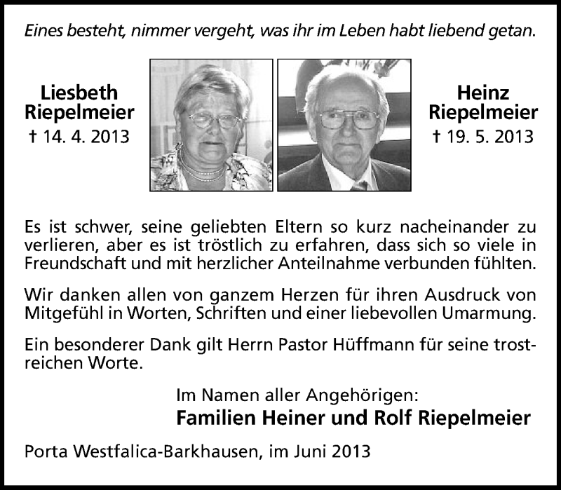  Traueranzeige für Liesbeth und Heinz Riepelmeier vom 08.06.2013 aus Neue Westfälische