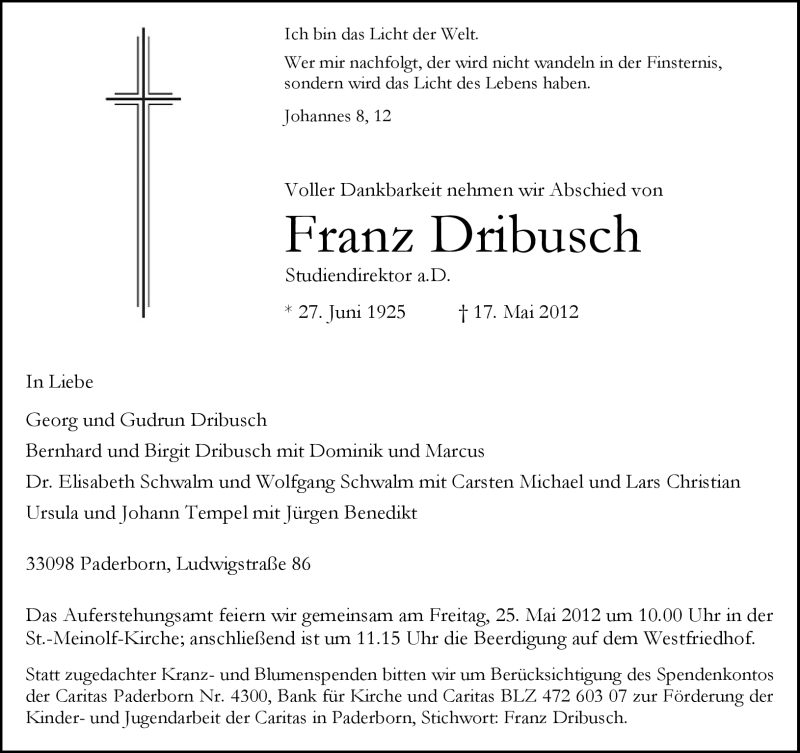  Traueranzeige für Franz Dribusch vom 22.05.2012 aus Neue Westfälische