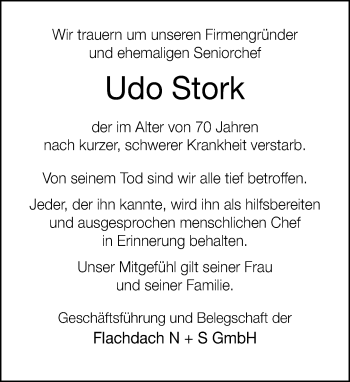 Traueranzeige von Udo Stork von Neue Westfälische