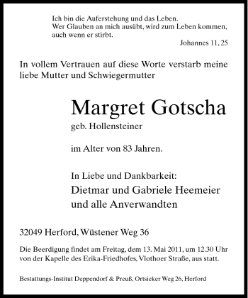 Traueranzeige von Margret Gotscha von Neue Westfälische