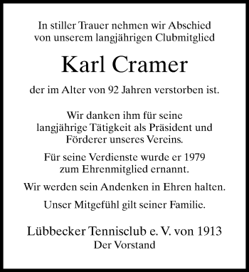 Traueranzeige von Karl Cramer von Neue Westfälische