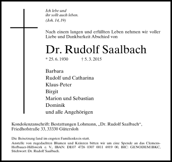 Traueranzeige von Rudolf Saalbach von Neue Westfälische