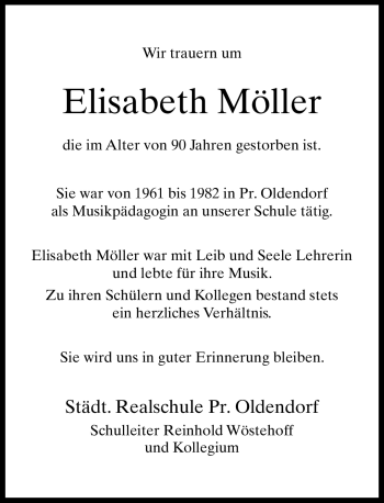 Traueranzeige von Elisabeth Möller von Neue Westfälische