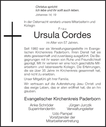 Traueranzeige von Ursula Cordes von Neue Westfälische